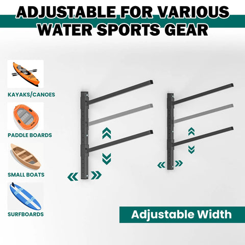 Heavy Duty Wall Mounted Kayak Storage Rack Featuring Adjustable Pads For Two Boats Rock Solid Steel Frame for kayaks and canoes.