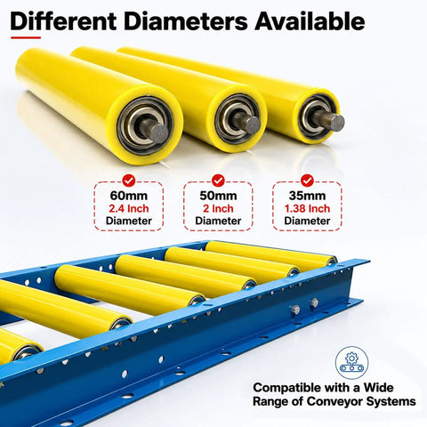 2 Inch Diameter Conveyor Belt Replacement Roller Made From Metal Steel Built Tough Heavy Duty Universal Replacement Roller With Customizable Lengths To Fit A Bunch Of Conveyor Projects, Designed For PVC Unpowered Rollers, 50mm roller on blue conveyor frame