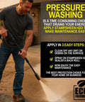 Man pressure washing driveway using eco-friendly Stampsheen H2O, showcasing easy application for maintenance.