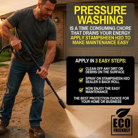 Man pressure washing driveway using eco-friendly Stampsheen H2O, showcasing easy application for maintenance.