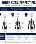 Diagram showing three PVC pipe threaders in 1/2, 3/4, and 1 inch sizes for PVC Pipe Threader Kit For NPT 1/2 3/4 1 Inch Threads.