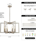 Top Tier Six Light Modern Metal Geometric Chandelier In Sleek Brushed Nickel, 21.3" wide, height adjustable for kitchen island.