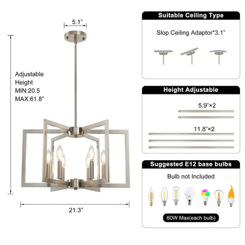 Top Tier Six Light Modern Metal Geometric Chandelier In Sleek Brushed Nickel, 21.3" wide, height adjustable for kitchen island.
