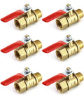 Six 1/4-inch brass ball valves with red lever handles, NPT threads for air compressors