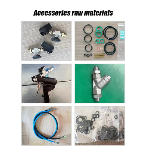 Portable Polyurethane Foam Spray Gun Kit accessories including nozzle, O-rings, gun, tubing, and valves.