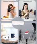 12 Inch Motorized Rotating Turntable Display Stand With 360 Degree Spin For Product Photography shows fruits, beauty products, and a mug.