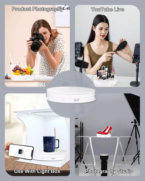12 Inch Motorized Rotating Turntable Display Stand With 360 Degree Spin For Product Photography shows fruits, beauty products, and a mug.