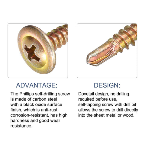 Close-up of Phillips self tapping screws size eight by one half inch, carbon steel gold tone with dovetail design for woodworking.