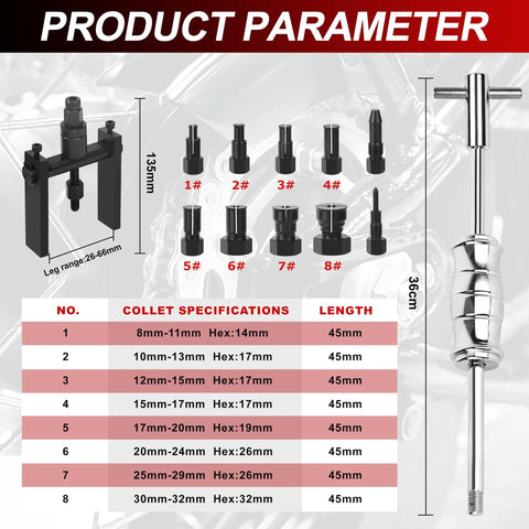 ACIMOD 12-piece motorcycle blind-hole bearing puller kit with slide hammer and 8–32mm collets.