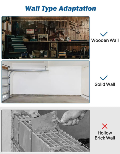 Heavy Duty Hitch Wall Mount For Garage Storage Designed To Fit One Point Two Five Or Two Inch Receivers While Locking Down Your Bikes Cargo Cases And Ski Gear Zero Fuss Install wall type adaptations showing wooden and solid walls.