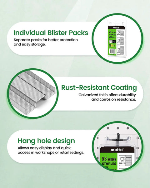 Assorted Jt21 Fine Wire Staples For Staple Gun Galvanized Upholstery Nails 1/4 5/16 3/8 Inch 7/16 Crown Refill in individual blister packs.