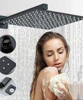 Matte Black Shower System With 12 Inch Rain Shower Head And Handheld Spray Brass Valves 14 Inch Shower Arm One Point Five Meter Hose