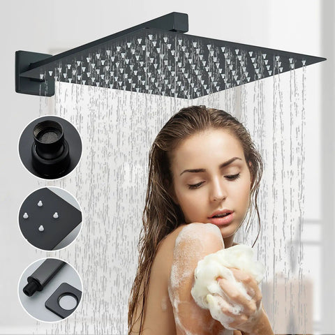 Matte Black Shower System With 12 Inch Rain Shower Head And Handheld Spray Brass Valves 14 Inch Shower Arm One Point Five Meter Hose