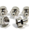 Five Pack Coax F Type Terminator Caps with 75 Ohm Resistors for Unused F Connector Ports on TV Amplifier Splitter Antenna Booster Wall Plate Reduce Signal Loss and Improve Reception shown in a group of five silver caps, front view.