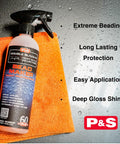 Bead Maker Paint Sealant For No Fuss Spray And Wipe Protection On Cars with orange cloth and product benefits listed