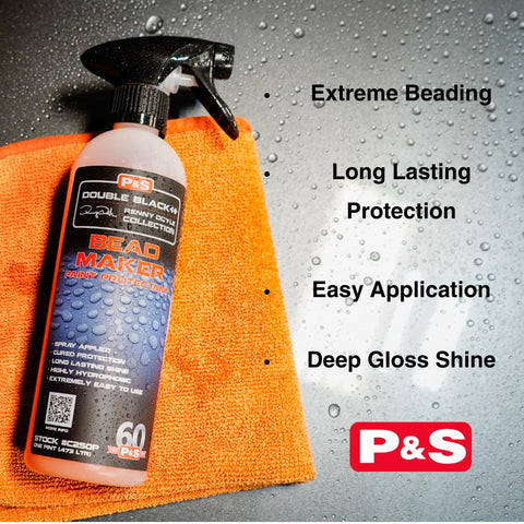 Bead Maker Paint Sealant For No Fuss Spray And Wipe Protection On Cars with orange cloth and product benefits listed
