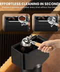 Automatic Electric Portafilter Cleaner Knocks Out Stubborn Coffee Oils In Seconds showcasing cleaning process with portafilter.