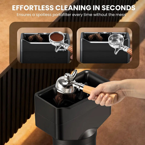Automatic Electric Portafilter Cleaner Knocks Out Stubborn Coffee Oils In Seconds showcasing cleaning process with portafilter.