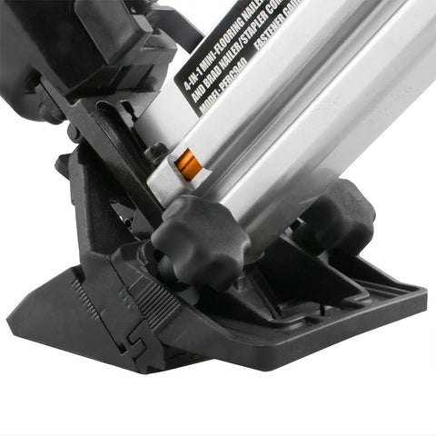 Close-up of base and mechanism of 4-In-1 Pneumatic 18-Gauge Flooring Nailer, Brad Nailer, and Narrow Crown Stapler Do-It-All Pro-Grade Tool