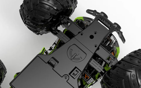 Bottom view of Rugged Dino Theme RC Monster Truck For Kids Ages 4 To 12 Blazing 20kmh Speed All Terrain Off Road Crawler Chassis