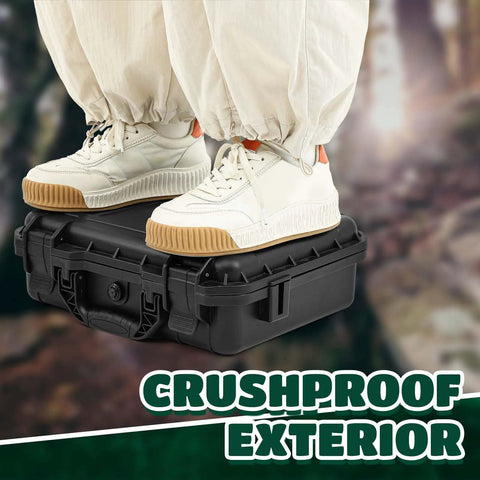 Waterproof Hard Case With DIY Customizable Foam Insert And Included Knife showing crushproof exterior, 14.3 x 11.4 x 4.5 inch.