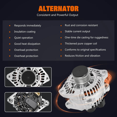 High Output 110Amp Direct Fit Alternator With 6 Groove Pulley For Hyundai Sonata 2006-2010 Kia Forte Forte Koup Forte5 Magentis Optima Rondo 2007-2012 L4 2.0L 2.4L 12V CW 6 Groove Belt Driven Replacement showing features and top view