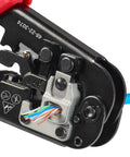 Close-up of the Badass Heavy Duty Wire Stripper With Auto Ratcheting Crimping Tool 48-22-3074 crimping wires.