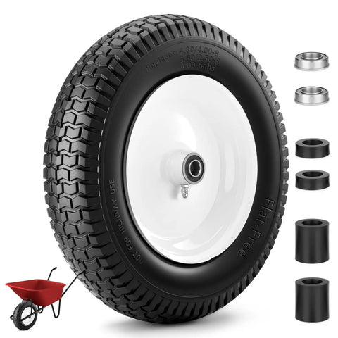 Flat Free 14.5 Inch Wheelbarrow Tire And Wheel Replacement For Garden Carts And Dollies 4.80 4.00 8 Size Solid Hub with bearings shown