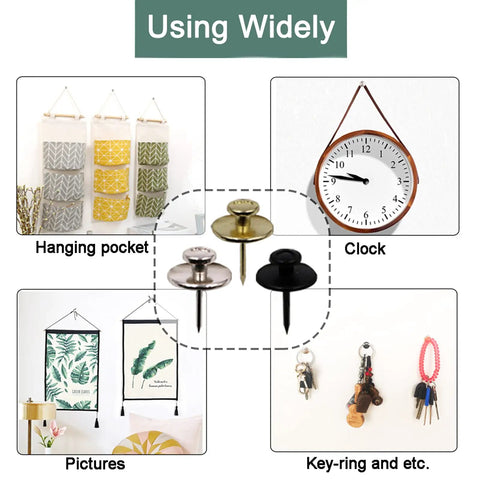 Image showing usage of gold, silver, and black double headed push pins for wall hangings like clocks, pictures, and key rings.