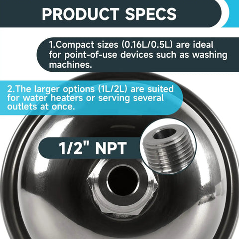 Mini Thermal Expansion Tank 0.5L Stainless Steel Water Hammer Arrestor with Half Inch Mnpt Threads showing threaded NPT connection.