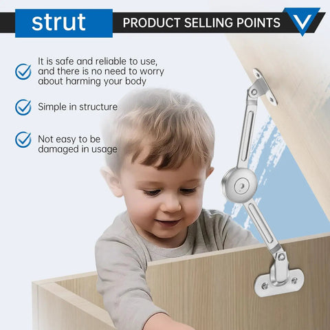 Child opening toy chest with Two Pack Heavy Duty Lid Hinges For 50 Pound Wooden Boxes And Toy Chests With Soft Close, Zinc Alloy Chrome Finish