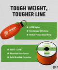 Arborist Throw Line Kit With 15Oz Throw Weight And 166Ft Ultra Slick Polyester Rope showing 600D nylon and abrasion resistance.