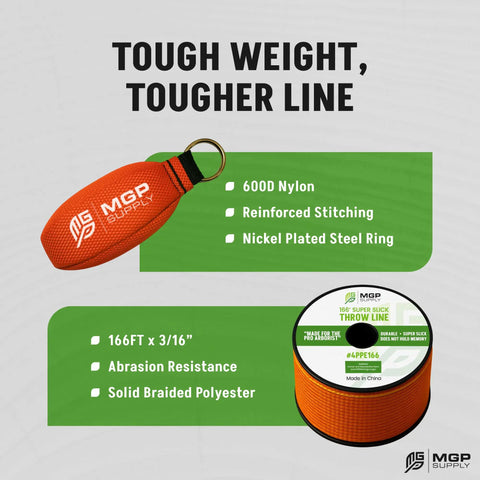Arborist Throw Line Kit With 15Oz Throw Weight And 166Ft Ultra Slick Polyester Rope showing 600D nylon and abrasion resistance.