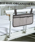 Must Have Bedside Organizer Bag With Four Pockets And Cup Holder, Universal Bed Rail Caddy on hospital bed rail.