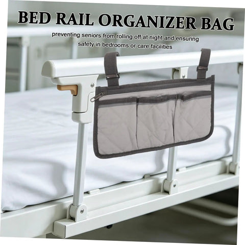 Must Have Bedside Organizer Bag With Four Pockets And Cup Holder, Universal Bed Rail Caddy on hospital bed rail.