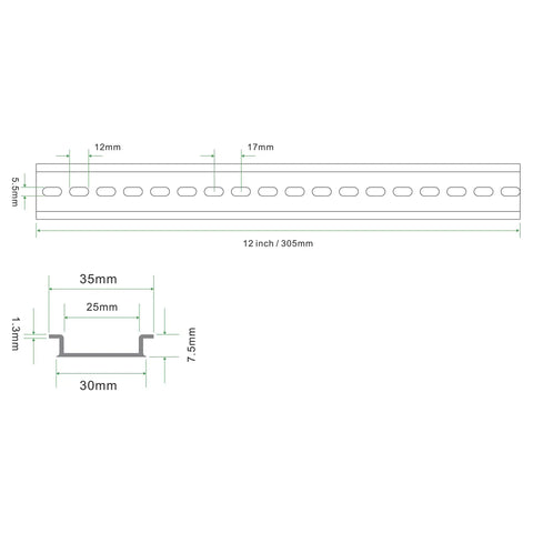 Technical drawing of a Two Piece DIN Rail Slotted Aluminum Alloy Channel with Anodized Finish, 12 Inch Length, 35mm Width, 7.5mm Height