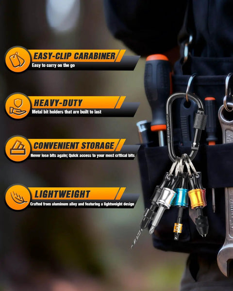 Six Piece One Quarter Inch Hex Shank Drill Bit Holder Keychain with Push to Unlock Aluminum Alloy Body shown clipped to tool belt