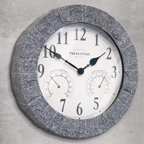 All In One Outdoor Clock With Thermometer And Hygrometer Weather Station For Patio And Garden, 14 Inch Diameter In Gray Sandstone Finish