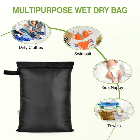 2 Pack 12X16 Inch Waterproof Wet Laundry Bags For Gym Beach Pool Grab And Go Storage For Wet Swimwear And Dirty Clothes Travel Laundry Bag Machine Washable Durable Black, shown with swimsuit, towels, and dirty clothes.