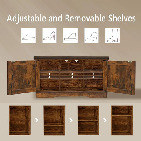 Rustic Brown Entryway Shoe Bench With Doors Cushioned Seat 2 Tier Shoe Rack With Six Cubbies 31.5 Inch L 13.8 Inch W Cabinet