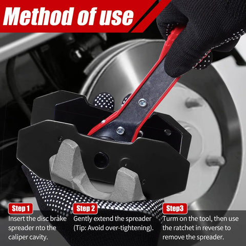 Heavy Duty Brake Caliper Piston Compressor Tool Kit With 2 Caliper Hooks Large Size Red Carbon Steel Construction in use.