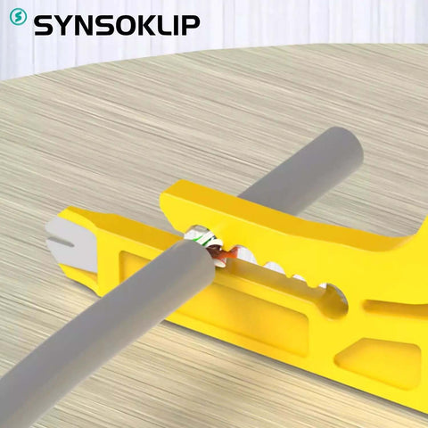 Mini Network Wire Stripper And Punch Down Cutter for Cat5 Cat5e Cat6 RJ45 cables shown in use on a wooden surface
