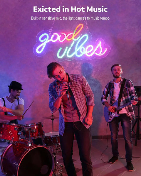 Band performing with Good Vibes Neon Sign For Wall Decor With Addressable Dream Color LEDs in background
