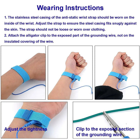 Wearing instructions for Adjustable ESD Wrist Strap With Grounding Plug And Coiled Cord Blue, Pro Grade Anti Static Wristband.
