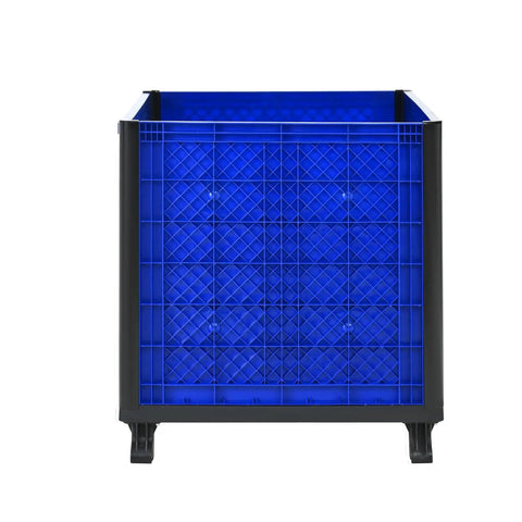 Heavy Duty Collapsible Bulk Container With Easy Access Doors Rock Solid HDPE Storage Tote Built Tough Stackable 600 Pounds Capacity Blue Industrial Bin Side View