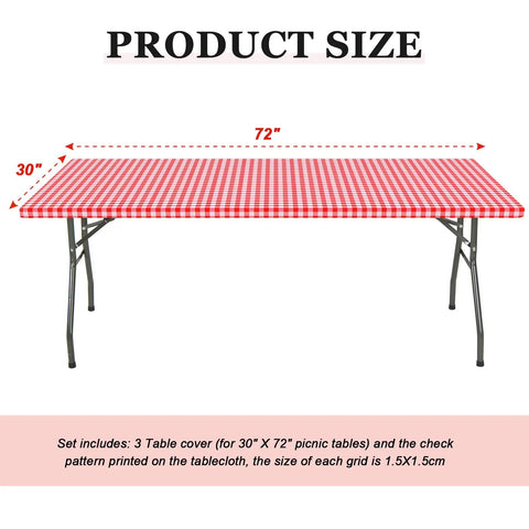 3 Pack Red And White Checkered Picnic Tablecloths, Fitted Rectangular Vinyl With Flannel Backing, Waterproof Table Cover 30 By 72 Inches