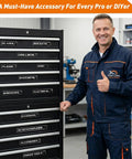 Built Tough Metal Magnetic Tool Box Labels Set installed on heavy duty tool chest, visible in workshop environment.