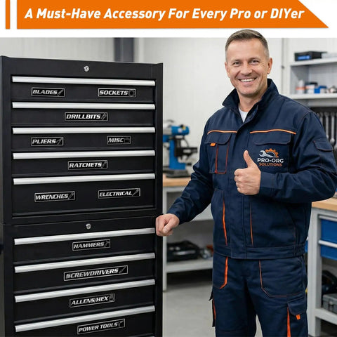 Built Tough Metal Magnetic Tool Box Labels Set installed on heavy duty tool chest, visible in workshop environment.