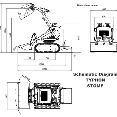 Schematic diagram of Mini Skid Steer Loader 1800 Lb Capacity, 23HP Gas EPA Engine, showing dimensions and mechanical layout.