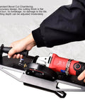 Portable Electric Tile Chamfering Machine For 45 Degree Bevel Trimming On Ceramic Metal And Stone With A Heavy Steel Frame in use.